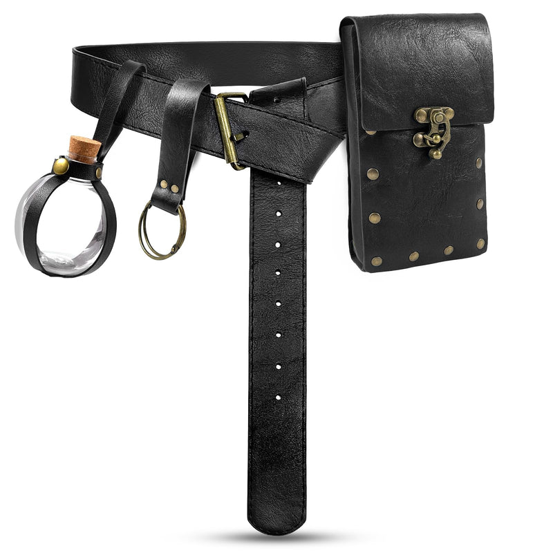 Renaissance Belt Pouch Waist Bag Steampunk Pouch Medieval Leather Belt Pouch Skirt Hikes Set Retro Renaissance Accessories for LARP Cosplay Costume Christmas Gifts (1Bottle-Black)