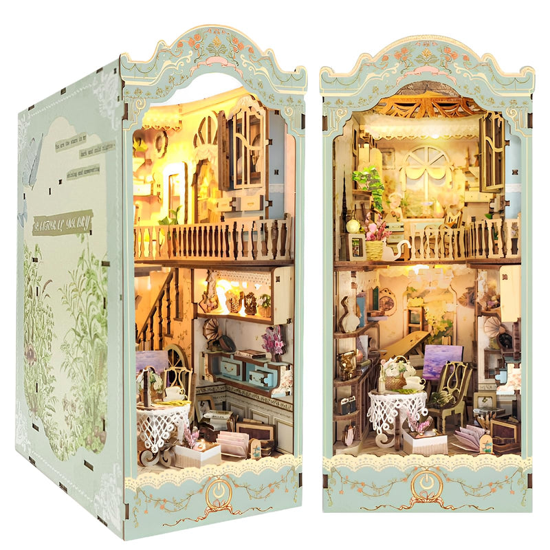 CRIOLPO Book Nook Kit - DIY Doll House Booknook Book Nook Miniature Kit for Bookshelf Insert Decor Craft for Adult Teen Halloween 3D Wooden Puzzle Bookends with Sensor Led Light