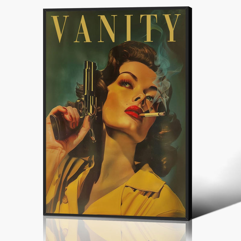 Vintage Vanity Woman Poster Retro Cigarette Woman Canvas Wall Art Funny Badass Bestie Art Painting Film Noir Aesthetics Poster for Bedroom Girly Dorm Apartment Wall Art 16x24in Framed