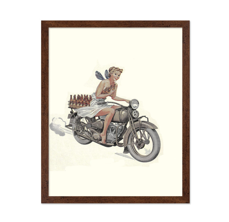 Poster Master Vintage Advertising Poster - Retro Funny Print - Gift for Artist Friend - Fairy On Motorcycle Delivering Beer Feminist Alcohol Pinup - Wall Decor for Home 8x10 Brown Framed