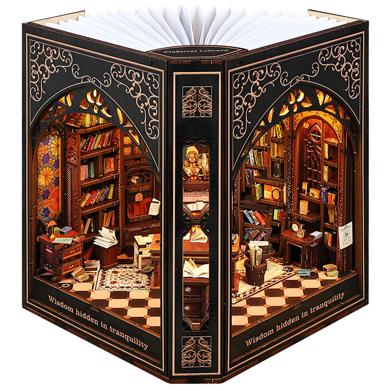 Book Nook Kit with Nightlight – Type-C and Battery Powered DIY Bookshelf Decor Perfect for Home and Office Gift（Classical Library）