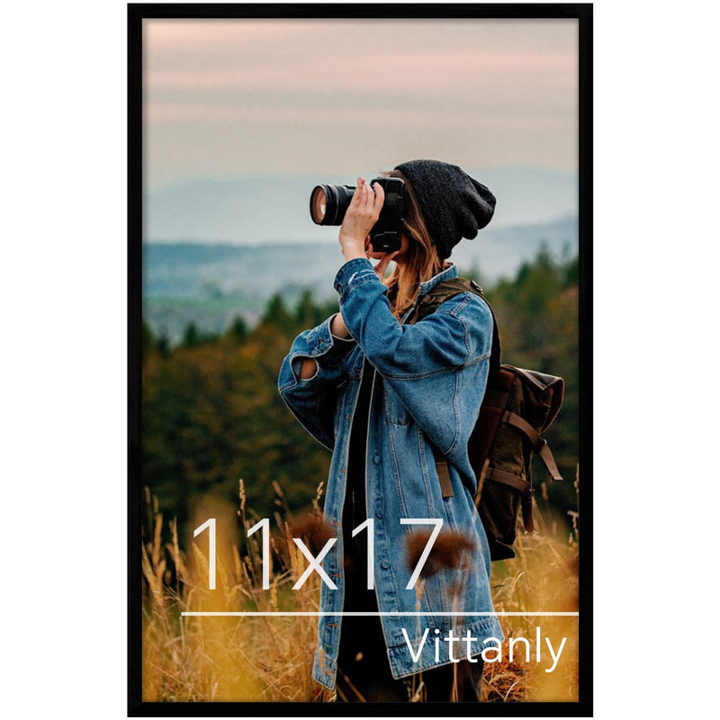 Vittanly 11x17 Black Poster Frame Displays 8x12 Picture with Mat or 11x17 Poster without Mat PVC Material with Plexiglass Horizontal or Vertical Hanging Ideal for Present Single Pack