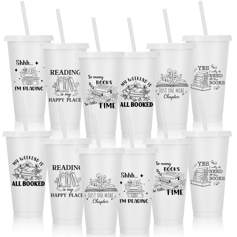 Sliner 12 Pcs Book Lovers Gifts Book Club Gifts 24 oz Book Themed Tumbler with Straw and Lid Reusable Bookish Gifts for Book Lovers Book Reader Gifts Book Themed Party Book Lover Birthday Gift