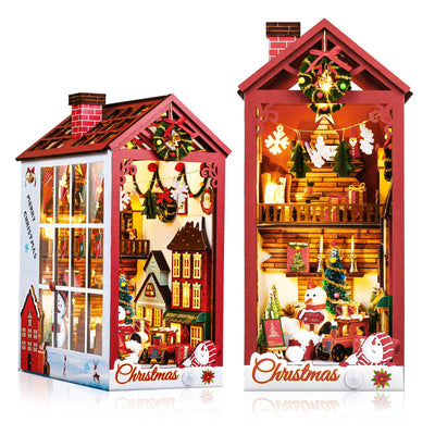 Book Nook Kit-Christmas Theme DIY Miniature Dollhouse Booknook KitBook Nook Miniature Kit with Sensor LED Light & Music 3D Wooden Bookends Model Build-Creativity Gift Kit for Adults (Christmas)