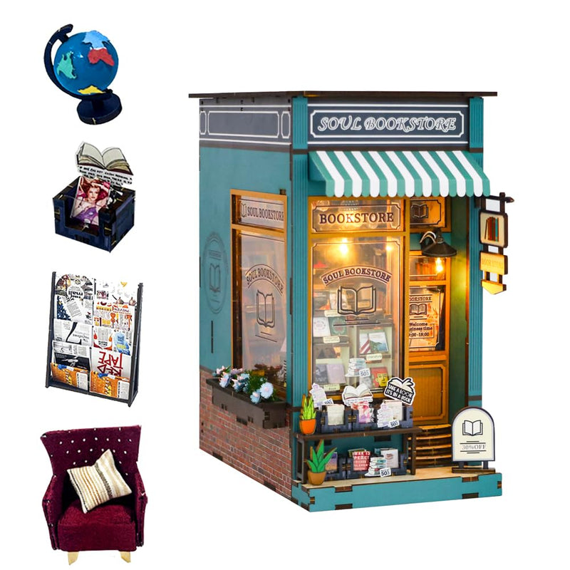 DIY Book Nook Kit 3D Wooden Book Stand Puzzle DIY Dollhouse Wood Bookends Building Model Puzzle Toy with LED Light for Teens and Adults Building Creative Gifts