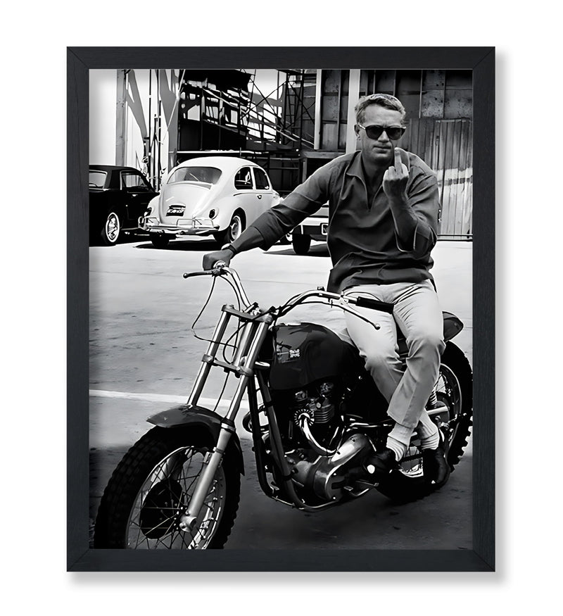 Poster Master McQueen Poster - McQueen on Motorcycle Print - Middle Finger Art - Celebrity Art - Black and White Art - Photography Art - Fashion Art - Bedroom or Office Decor - 8x10 UNFRAMED Wall Art